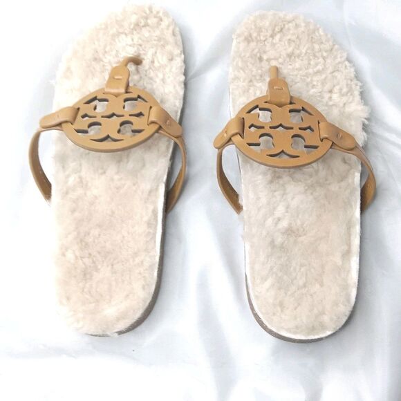 Tory Burch Miller Cloud Shearling Sandals Women's Size 10 Caramel Buttermilk - Picture 5 of 10